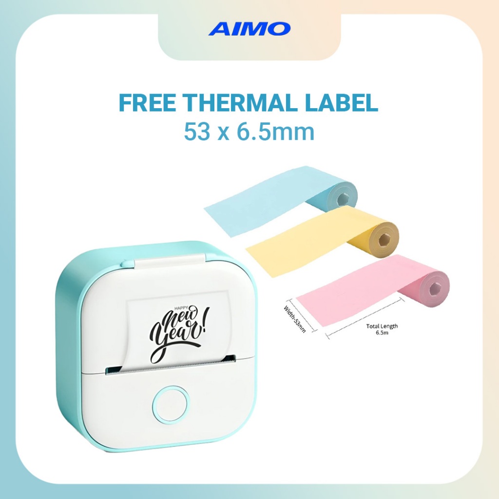 

[FREE THERMAL PAPER 53mm X 6.5m] AIMO T02 Mobile Photo Pencetak Label Printer 50 mm Barcode Mini Sticker Maker Thermal Printer Inkless Portable Bluetooth Pocket Tanpa Tinta