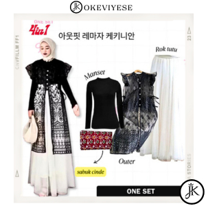 One Set Long Vest Outer Bruklat+ Rok Tutu+ Manset + Obi Jumputan Set Kebaya Tille Kondangan Kekinian