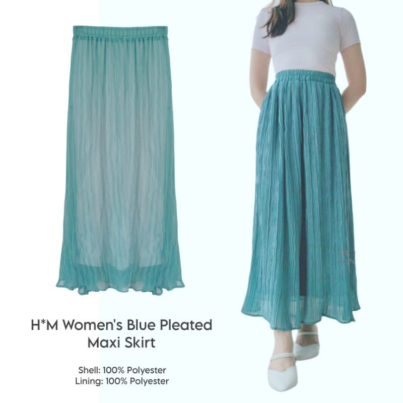 H*M Women's Blue Pleated Maxi Skirt / rok wanita branded/rok panjang wanita