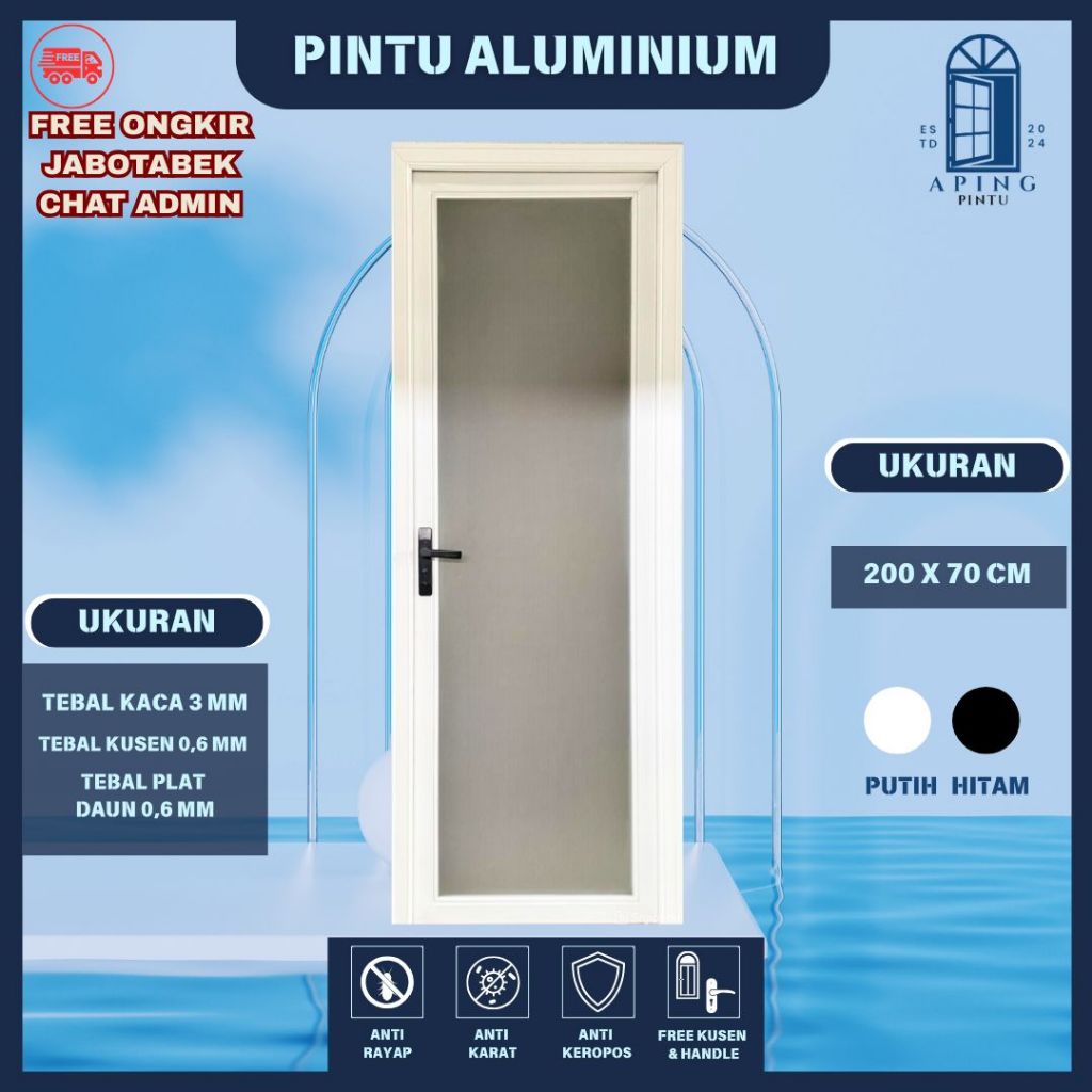 Pintu Aluminum Kaca, Pintu Kamar Mandi,  Pintu Aluminium, Pintu Toilet, Pintu Indoor 200*70 Putih