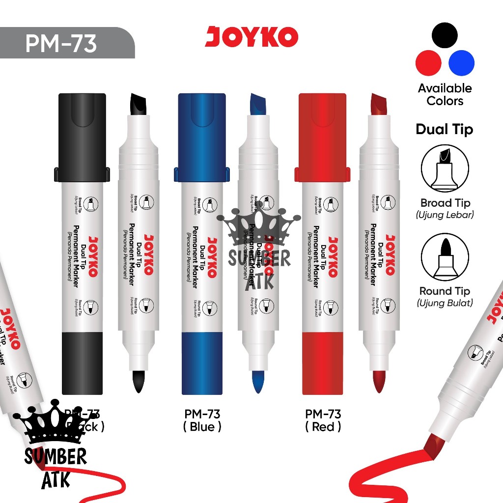 

Permanent Marker Spidol Permanen Dual Tip Joyko PM-73 HITAM BIRU MERAH Broud Tip ( Ujung Lebar ) & Round Tip ( Ujung Bulat )