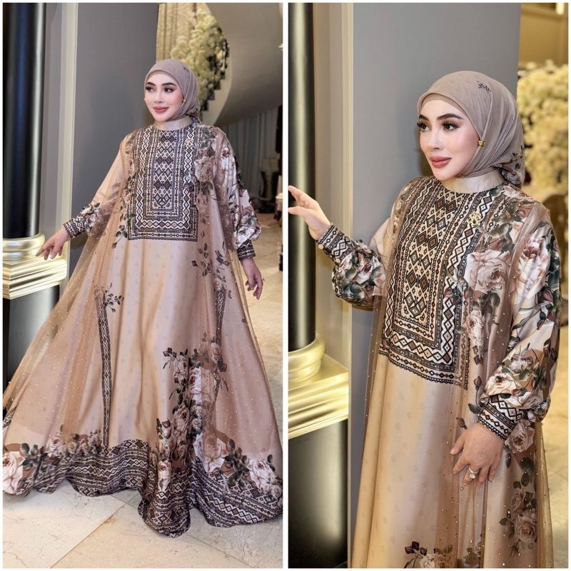 SS663 Dress Gamis Sakura nude mix tile mutiara set hijab printing SS Ori by SHELLA SAUKIA