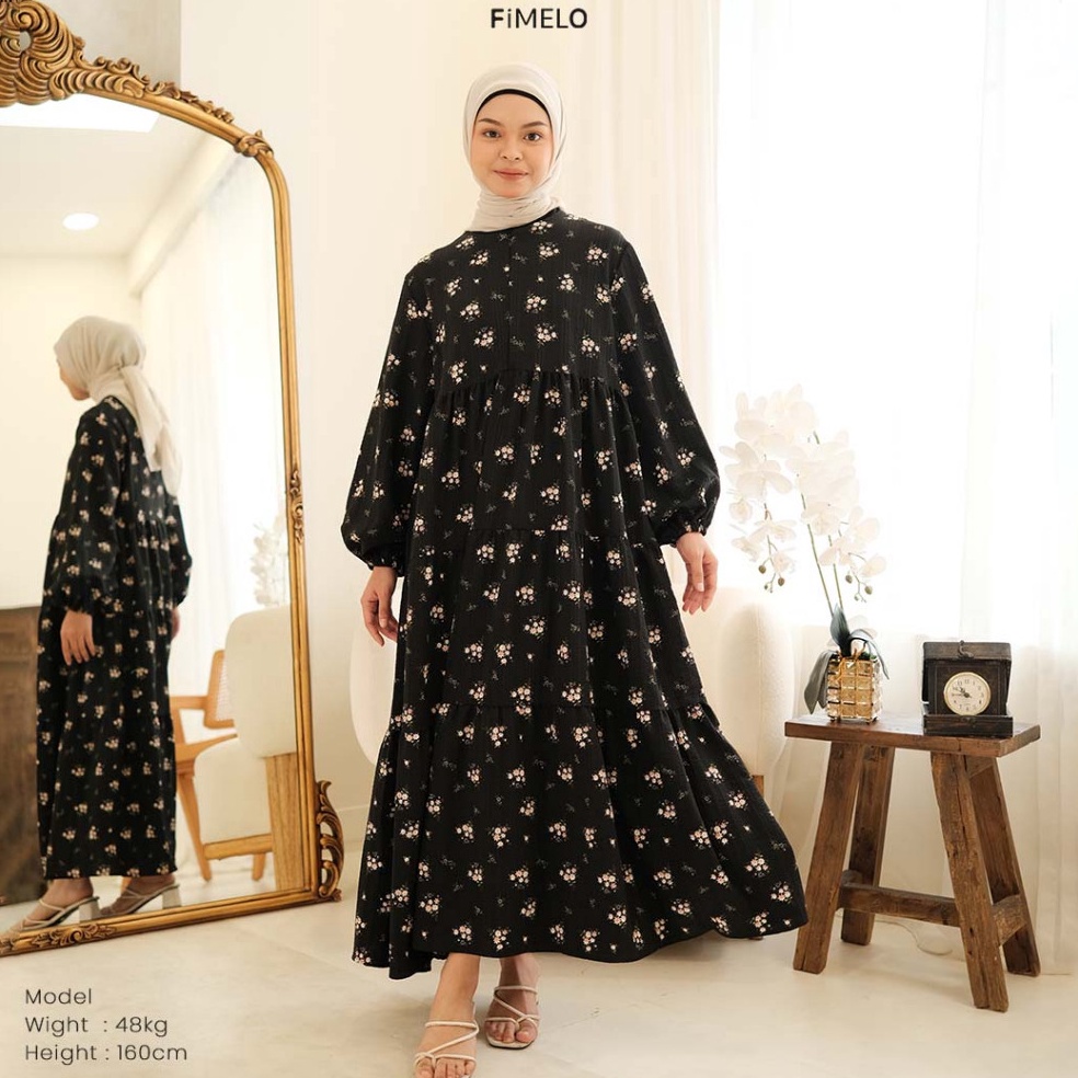 Fimelo Daisy Dress Dress Bunga Lengan Panjang Bahan Mango Crinkle