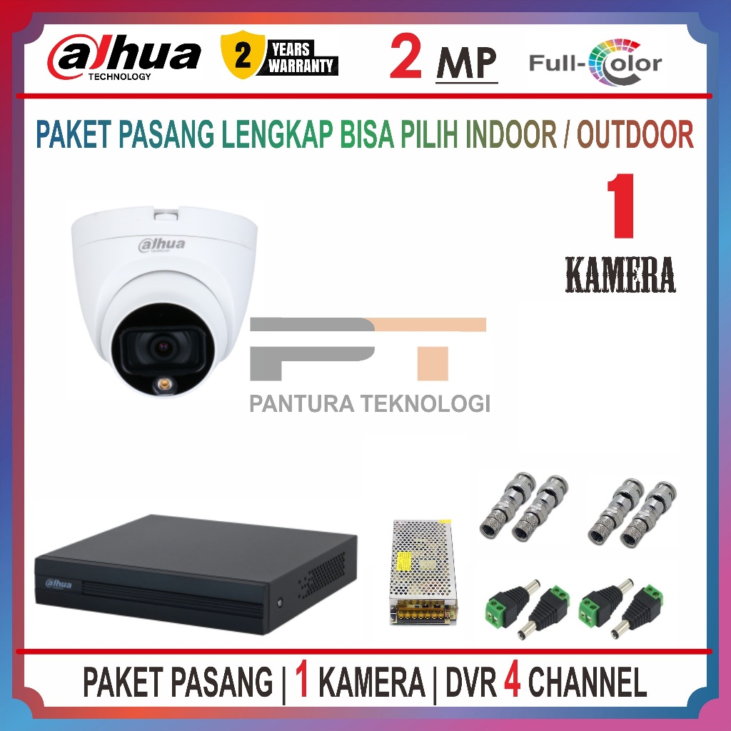 PAKET 1 KAMERA DAHUA 2MP FULLCOLOR DVR 4 CHANNEL CCTV PROMO LENGKAP SIAP PASANG