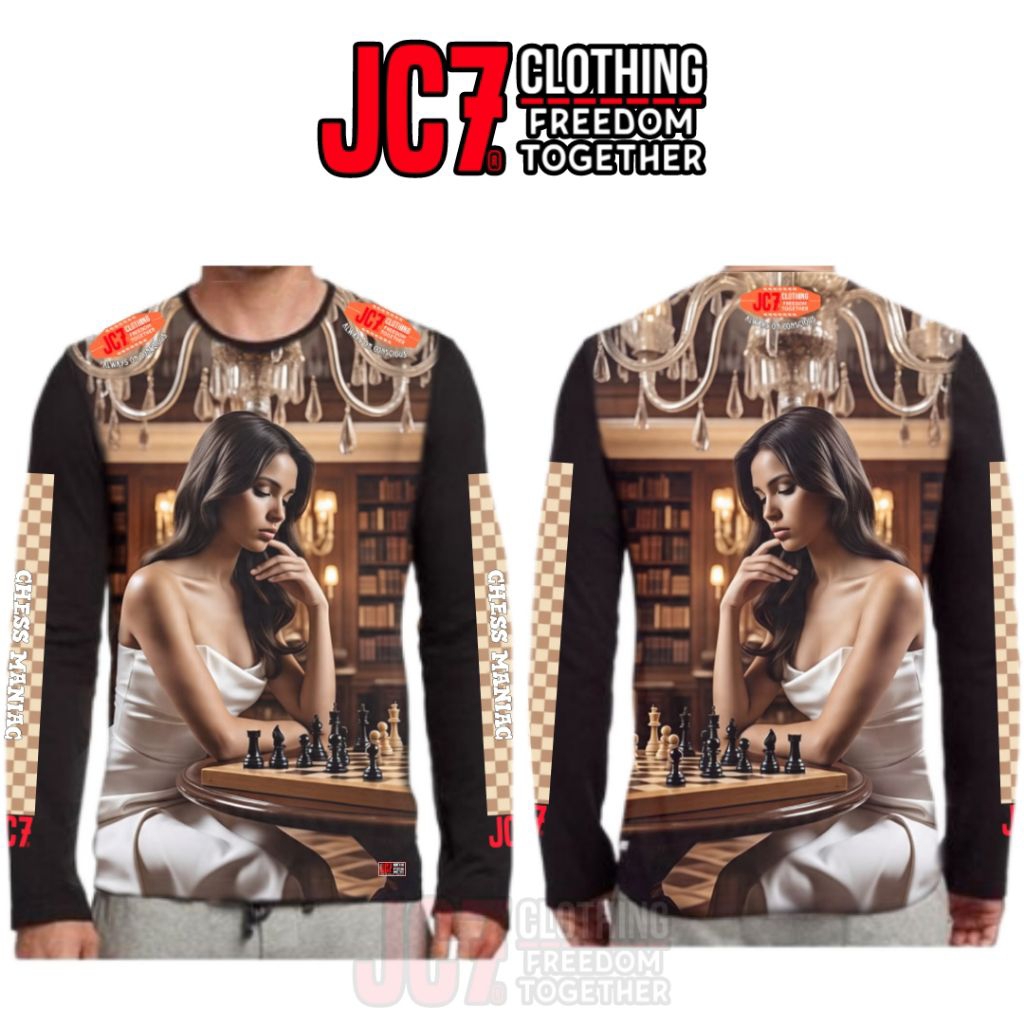Kaos Jersey Catur Gambar wanita main catur, Chess maniac, Lengan Panjang Rib unisex