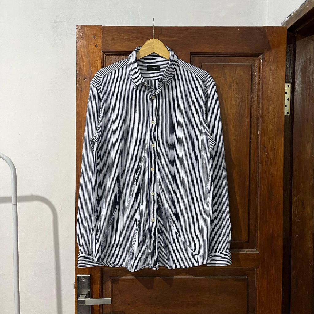 [L-XL] TOPTEN Stretchy White Blue Striped Salur Shirt I Vintage Vtg Retro Kemeja Garis-garis Salur O