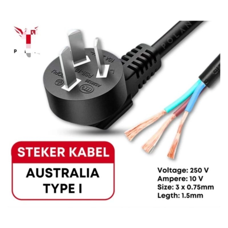 AEBDG STEKER KABEL POWER LISTRIK MODEL AU CN NZ TIPE I AUSTRALIA CHINA SELANDIA BARU  - KABEL POWER 