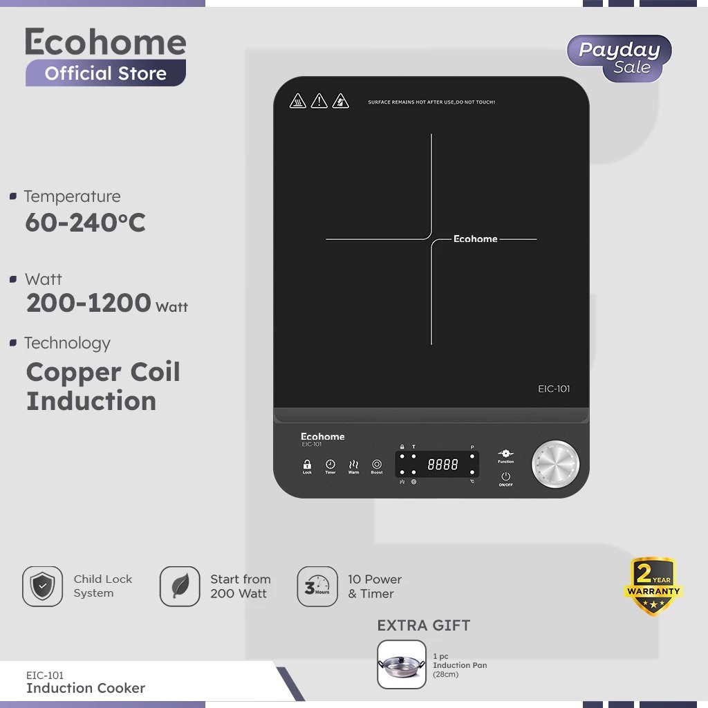 ECOHOME Induction Cooker EIC101 Kompor Induksi Low Watt with Durable Crystal Glass Screen