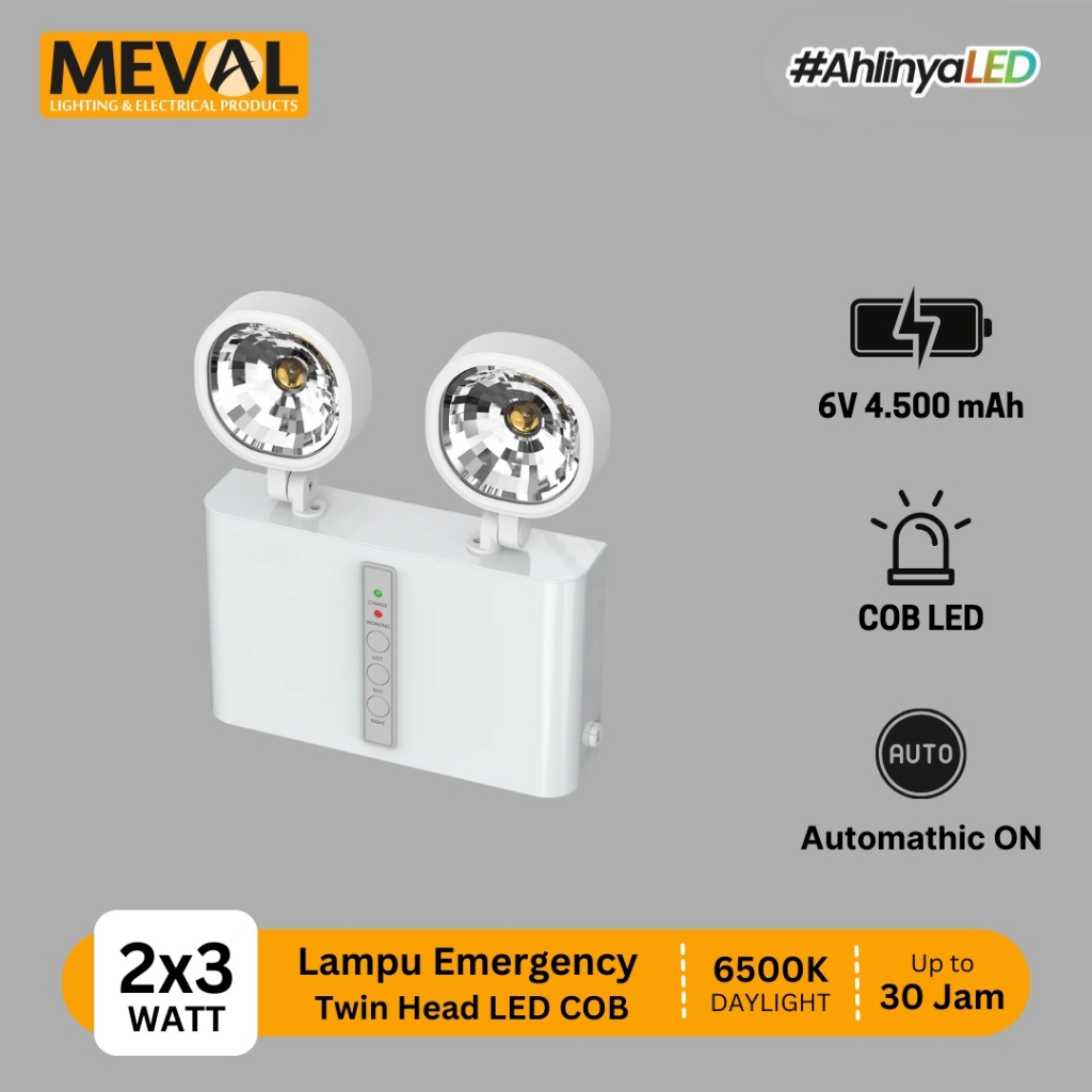 MEVAL Lampu Emergency Twin Head LED COB Otomatis Nyala | Tahan 30 Jam MP2-04A