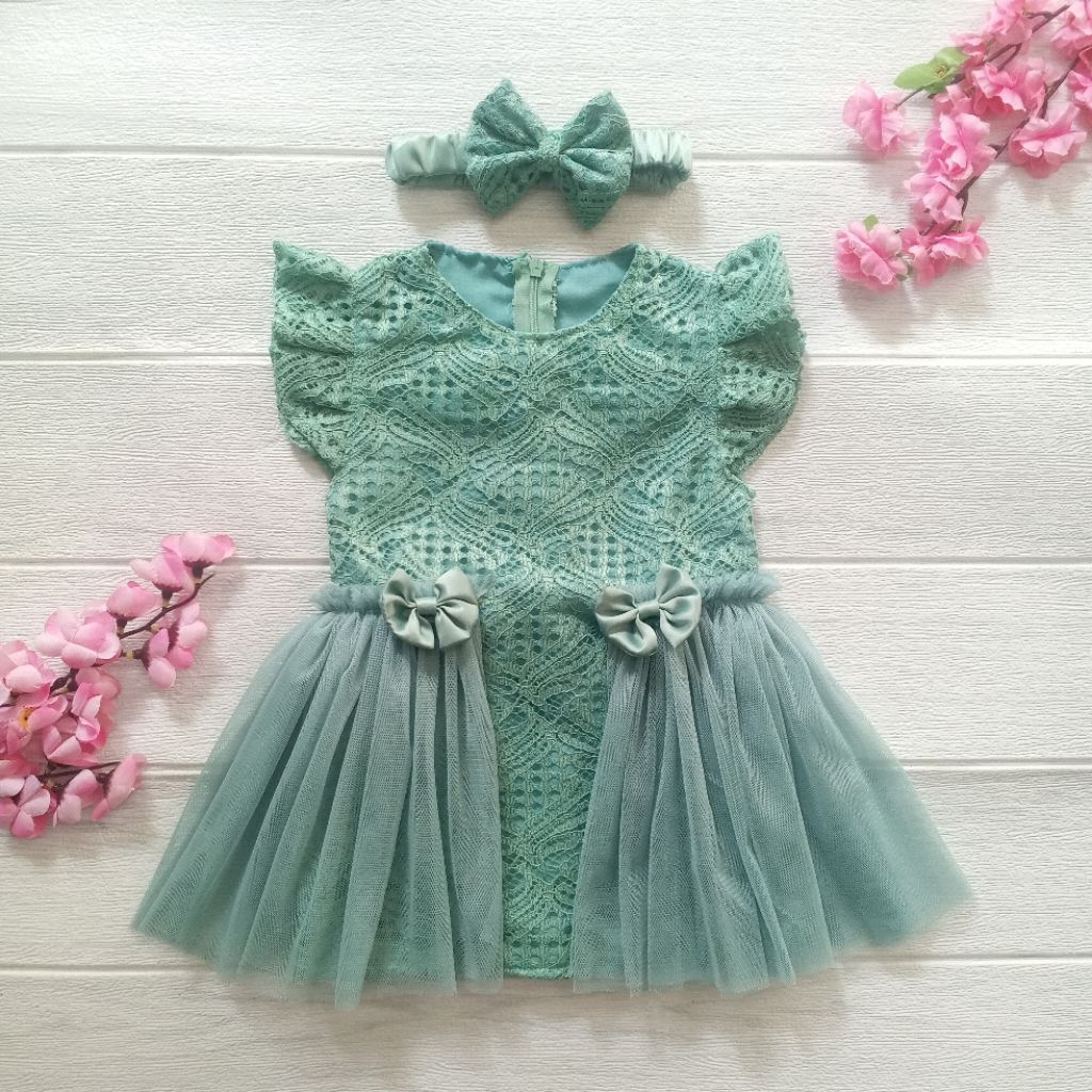 Butik Kebaya Bayi Dress Hijau Mint Gaun Pesta Anak 2 Tahun Brukat Tile Free Bando Pita