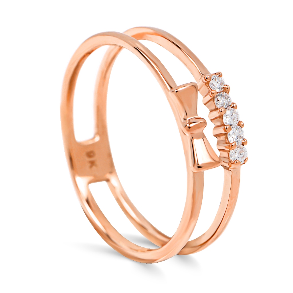 Cincin Emas Asli 9K (Kadar 375) Wanita – Double Band with Mini Bow and Lab Diamond Accent | Lovelink