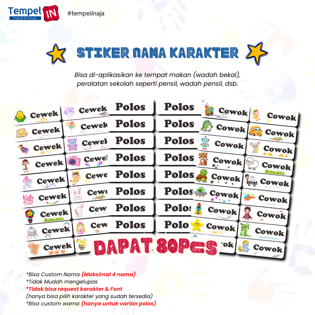 

Stiker alat sekolah anak custom nama bahan Waterproof tahan air & anti luntur tidak mudah mengelupas desain Karakter Lucu paket stiker kartun murah