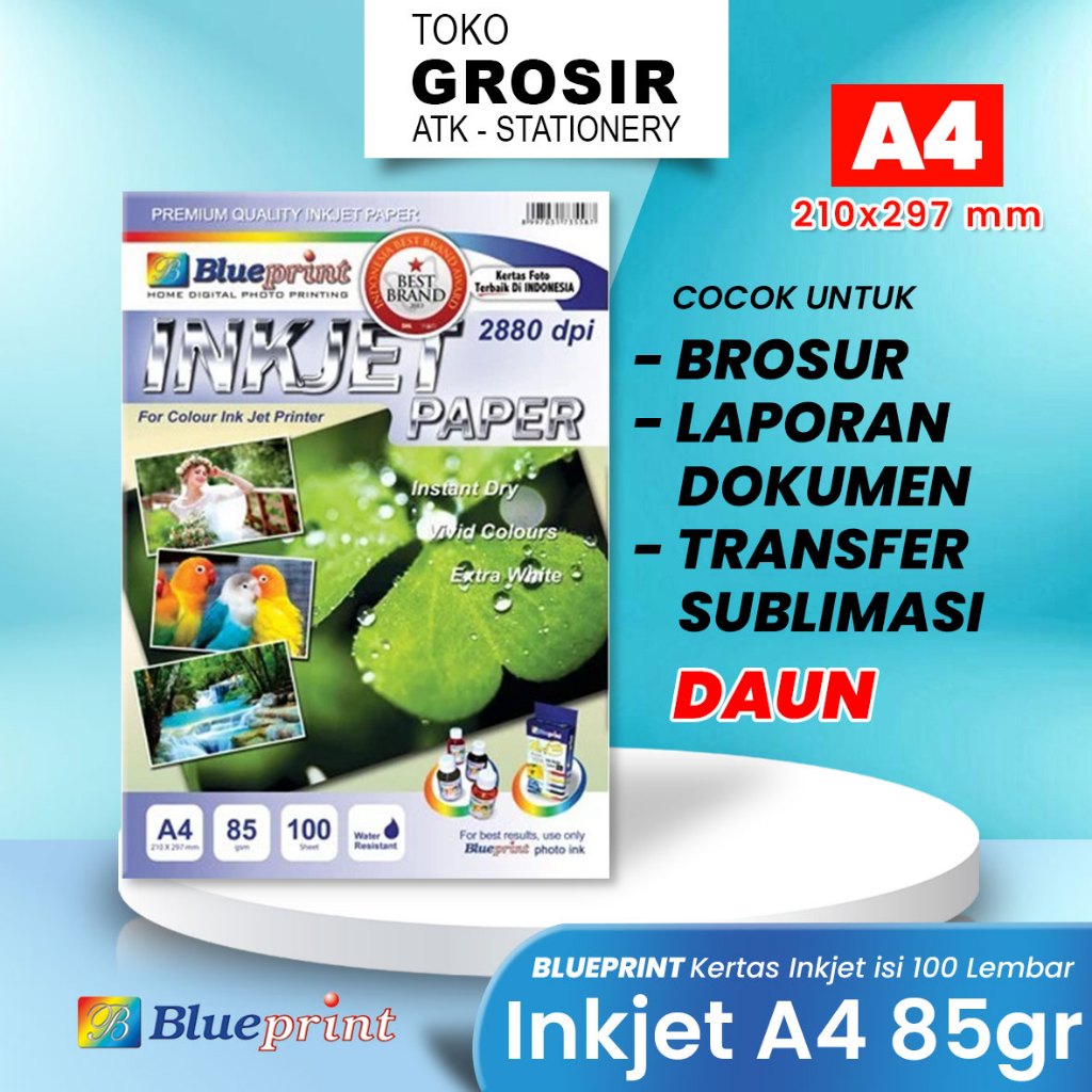 

Kertas Inkjet Paper A4 85gsm isi 100 pcs DAUN Blueprint / Ink jet Paper 100 Sheets