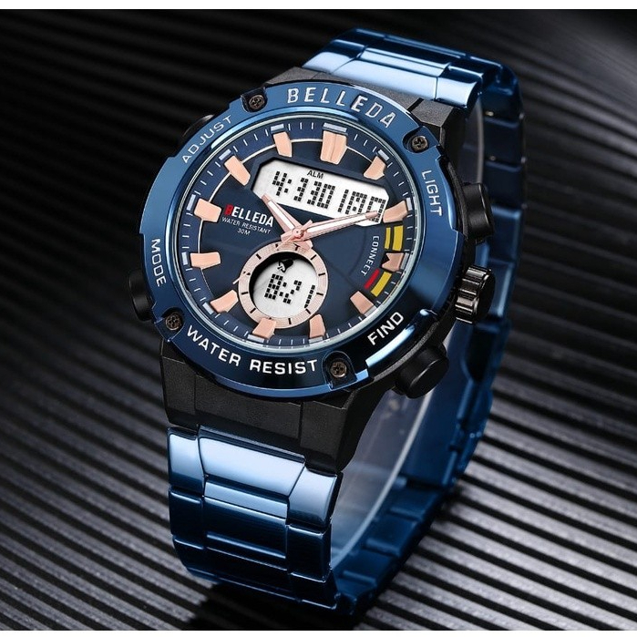 Belleda Jam tangan Pria SN 9288 Rantai Stainless Steel Digital Analog Digital Anti Air Original