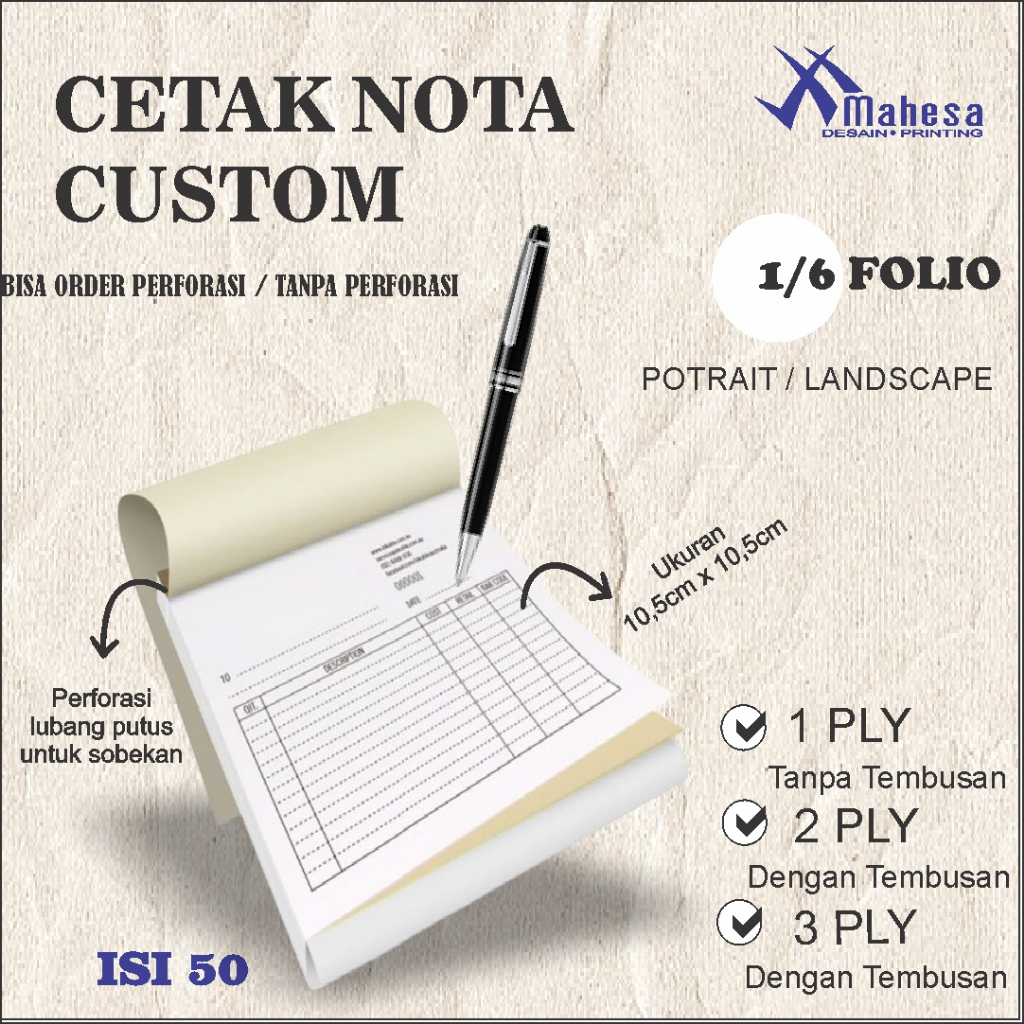 

Buku Nota Custom 1/6 folio ukuran 10,5cm x 10,5cm | Cetak Nota , Kwitansi , Invoice dll.