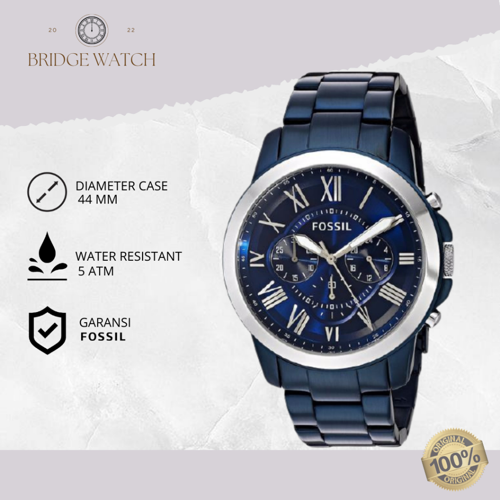 Jam Tangan Pria Fossil Grant FS5230 Chronograph Blue Tone Dial Stainless Steel Strap Rantai Mewah Ca