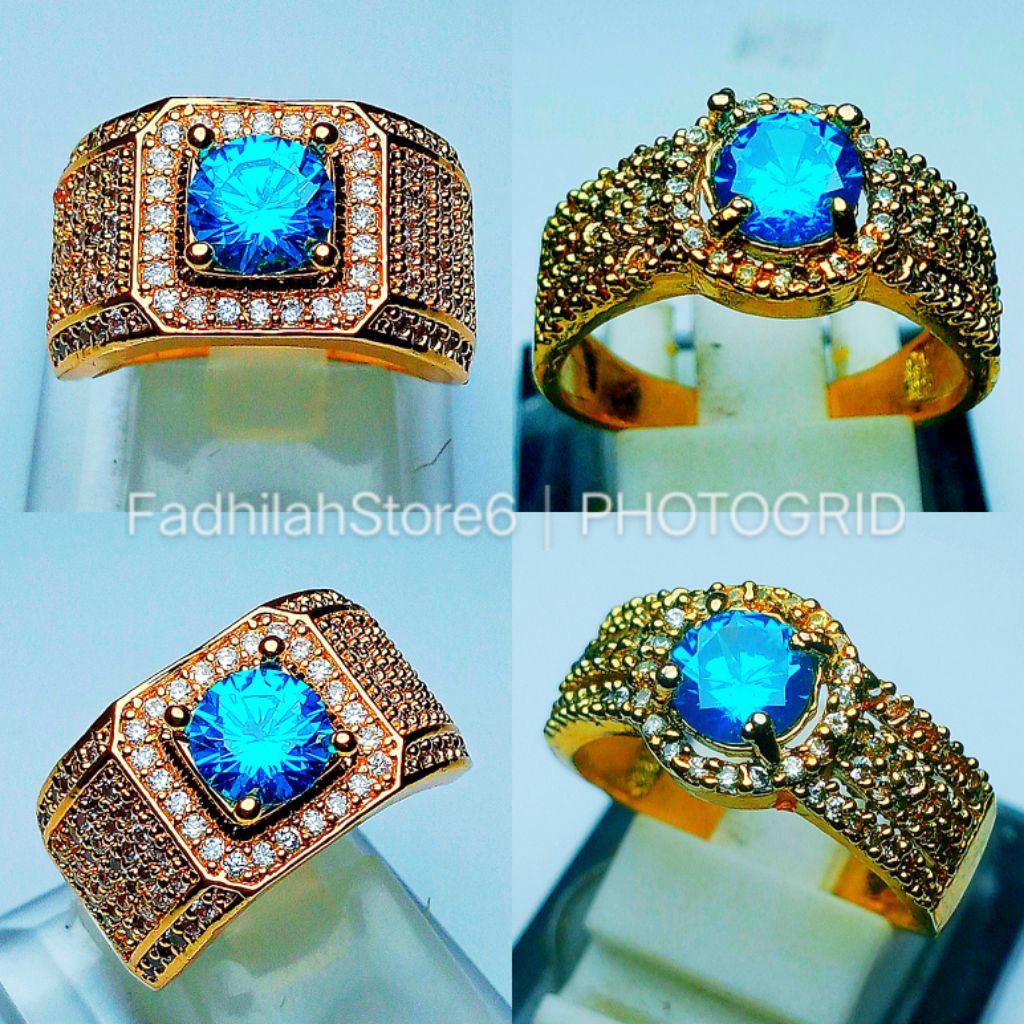 Cincin Pria & Wanita Batu Permata Blue Topaz Diamond Cutting Ring Gold Mewah