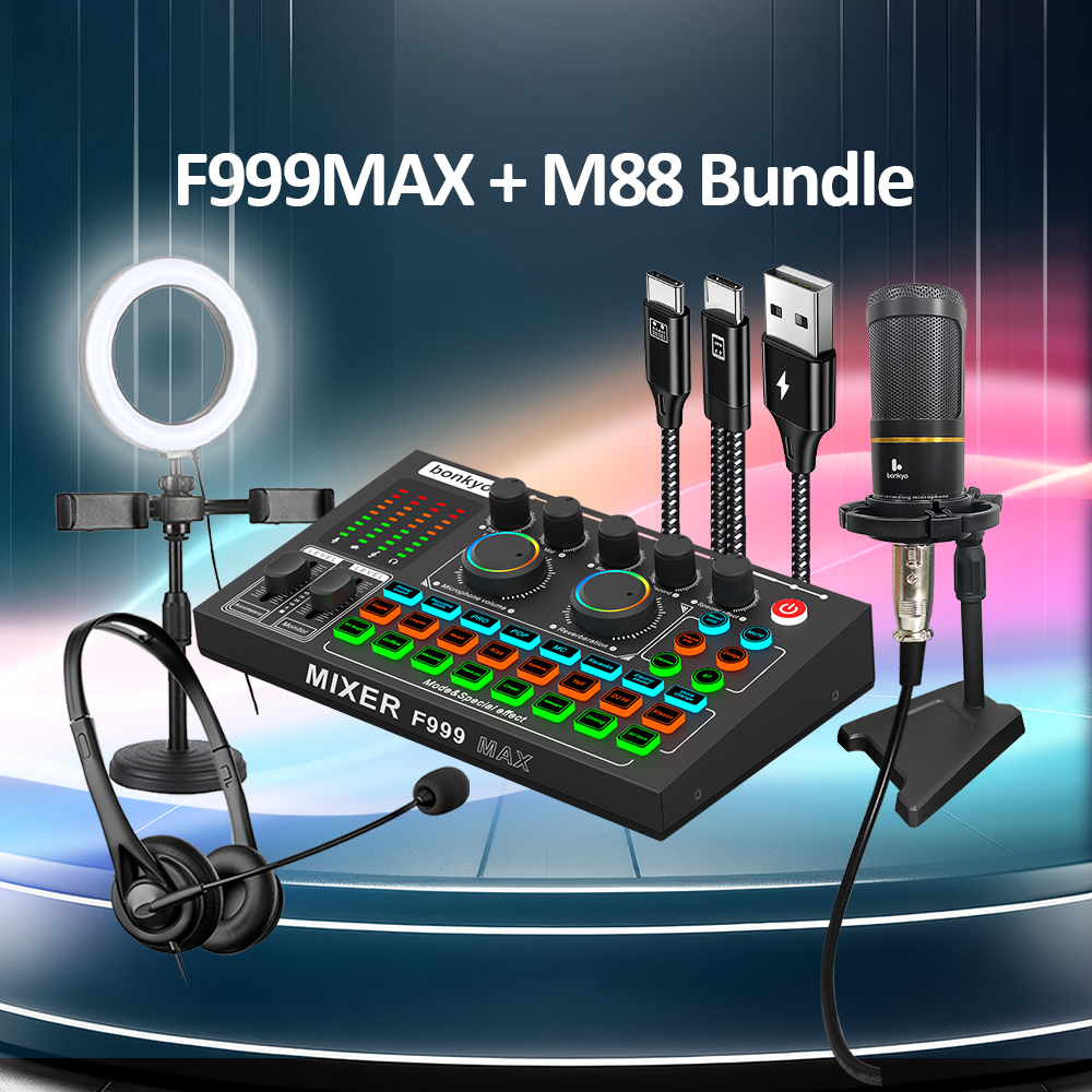 Bonkyo Soundcard F999MAX +M88 MIC+otg adapter cable Type-C+Headset+light Sound Card Bluetooth Live