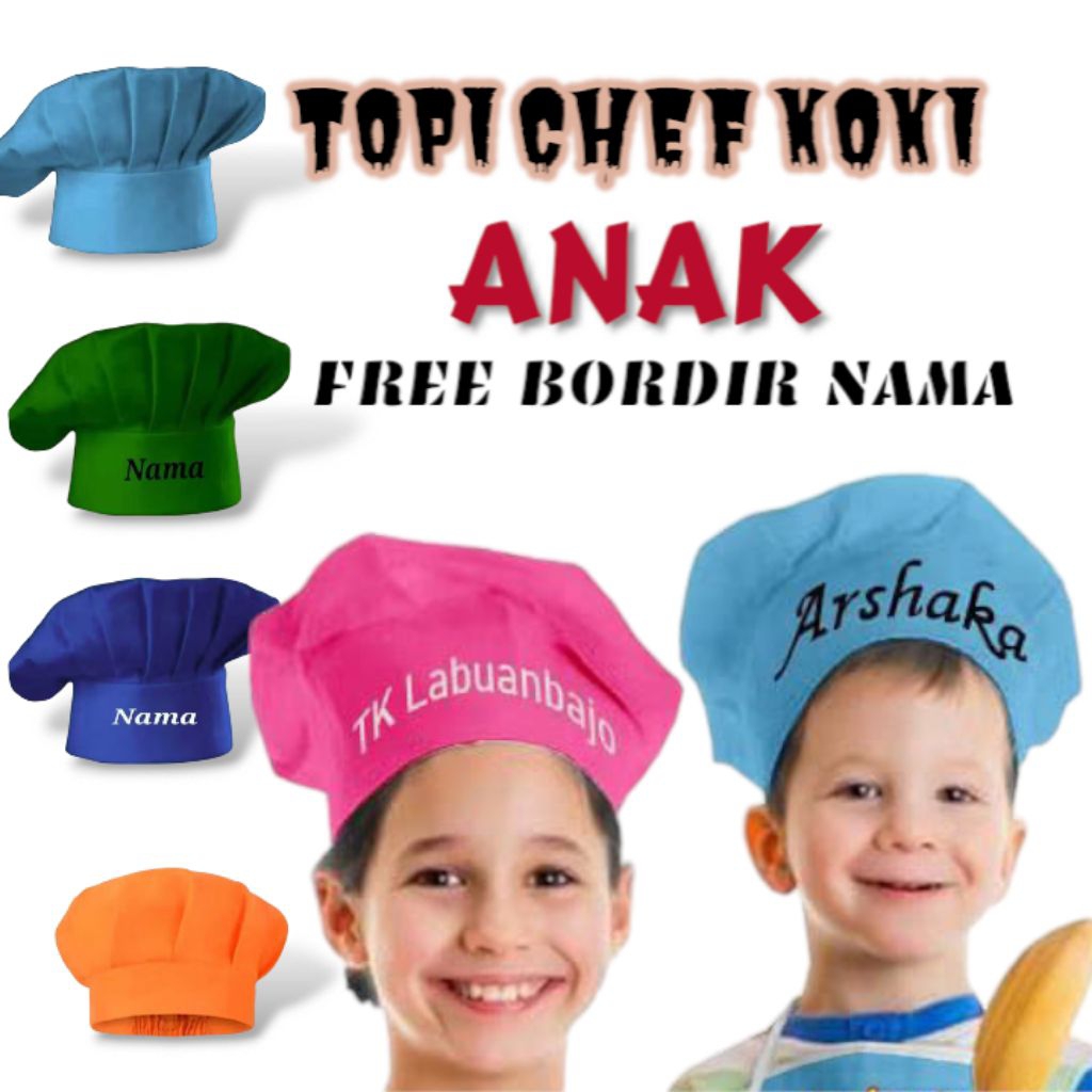 TOPI KOKI ANAK | TOPI CHEF ANAK TK , SD GRATIS BORDIR NAMA MURAH