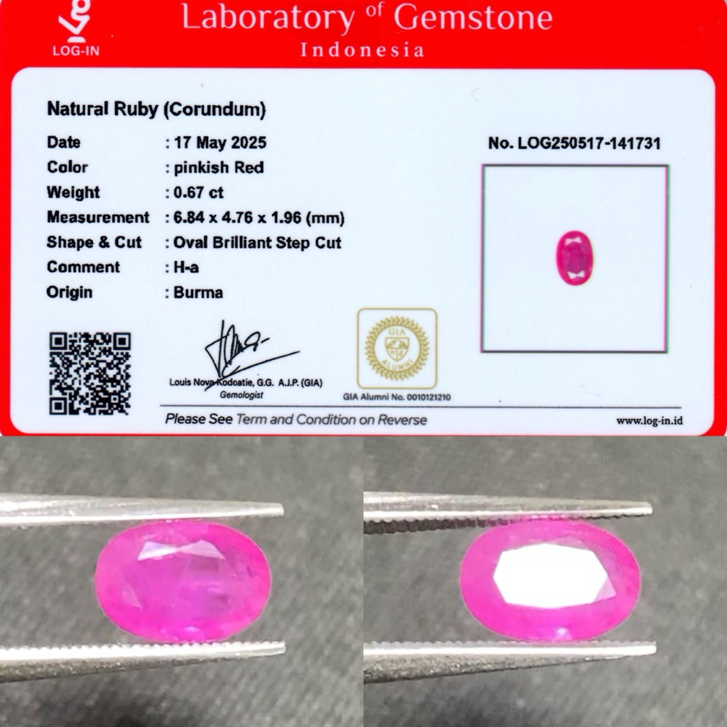 0,67 cts Natural pinkish Red Ruby origin Burma / Myanmar H-a Treatment Memo LOGIN