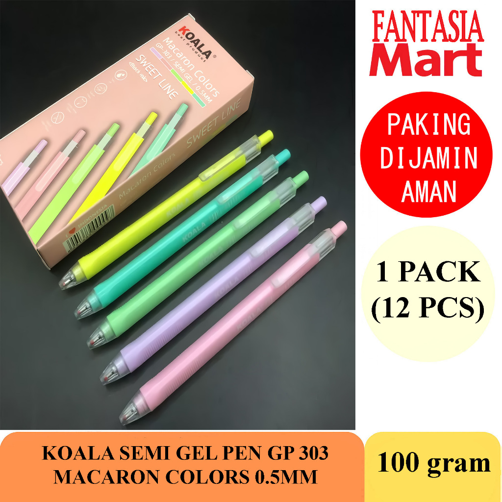 

KOALA SEMI GEL INK PEN GP-303 MACARON COLORS 0.5MM PACK ISI 12 PCS FANTASIA DENGAN PAKING AMAN