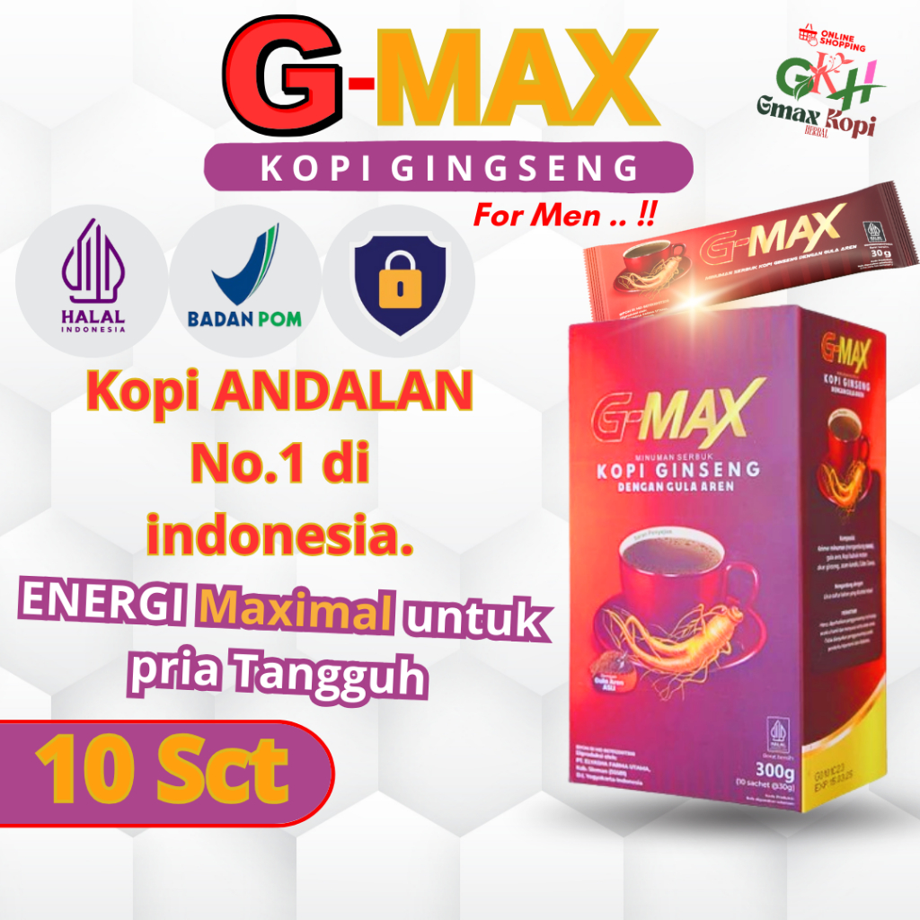 

GMAX - Kopi Gingseng Stamina Pria 1 Box isi 10 sachet Original Berkualitas BPOM HALAL