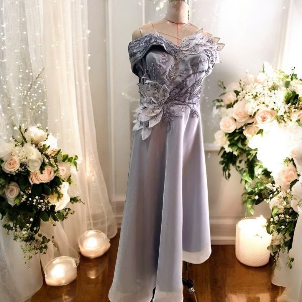 Preloved gaun pesta sabrina abu silver full payet big size