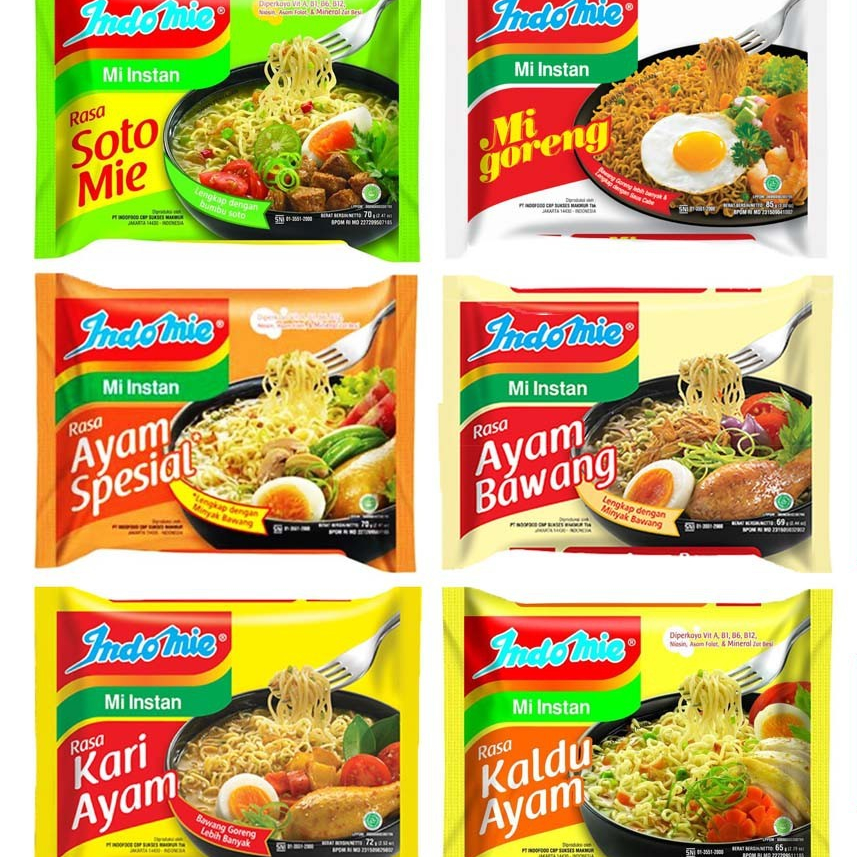 

Indomie Mie Instan / Indomie Goreng / Indomie Kuah / Indomie Soto / Indomie Ayam Bawang