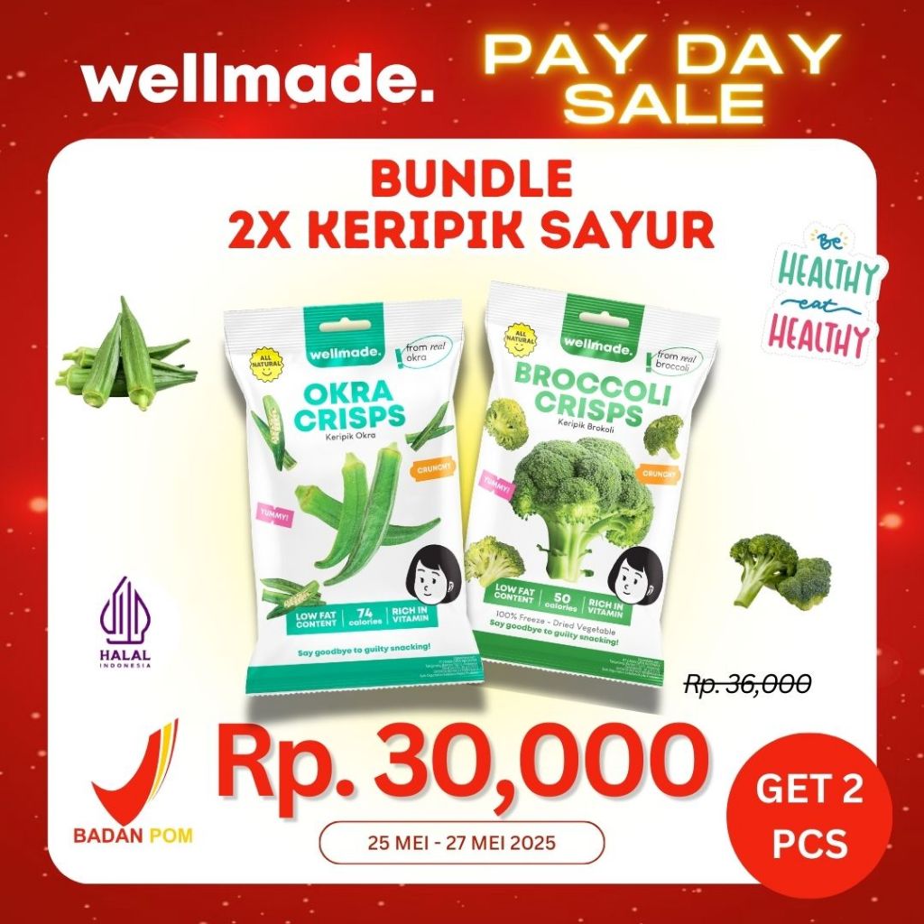 

【PAYDAY SALE】Bundle 2 pcs Wellmade Vegetable Crisps Keripik Sayur Okra & Broccoli Crisp