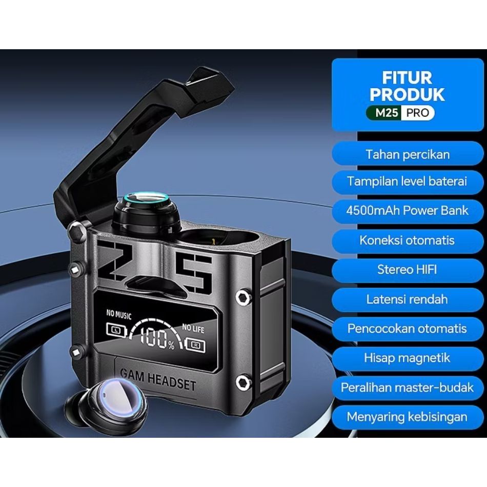 TWS M25 Headset Bluetooth GAMING Earphone Bluetooth Wireless Bass Headphone Bluetooth 5.3 Full Bass