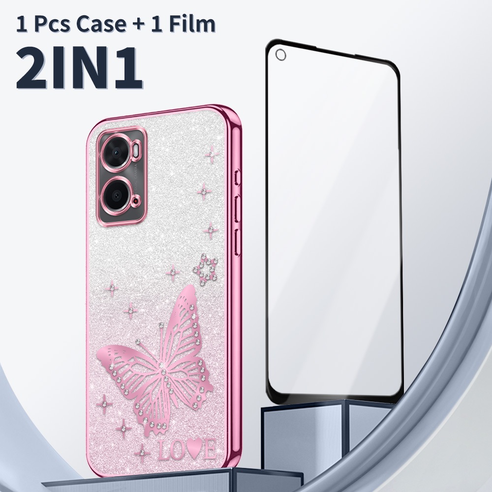 2 in 1 Casing HP untuk OPPO A36 A76 A96 4G Case Aesthetic Bling cover + Film Keramik Anti Gores