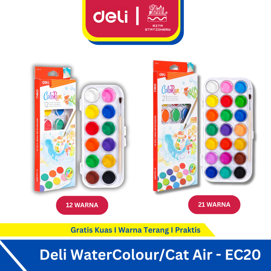 

Deli Watercolor / Cat Air Padat Palet Free Gratis Kuas 12 / 21 Warna - EC20-XX