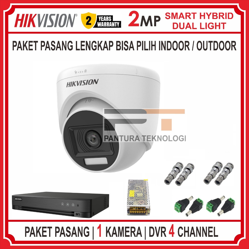 PAKET CCTV 1 KAMERA HIKVISION 2MP COLORVU LITE SMART DUAL LIGHT DVR 4 CHANNEL HQHI UP TO 4 MP LENGKA