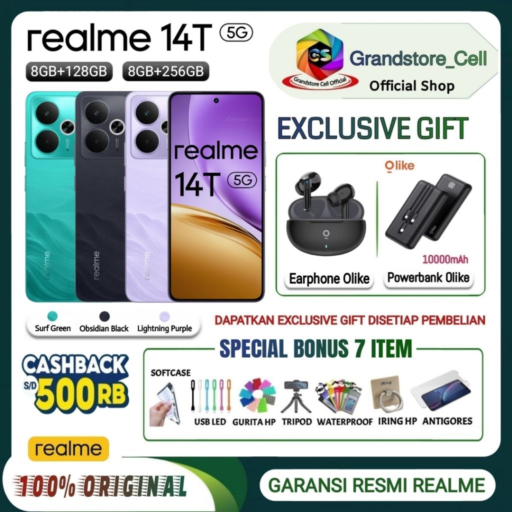 REALME 14T 5G RAM 8/128GB - RAM 8/256GB ( RAM Plus 8GB+10GB ) GARANSI RESMI REALME INDONESIA
