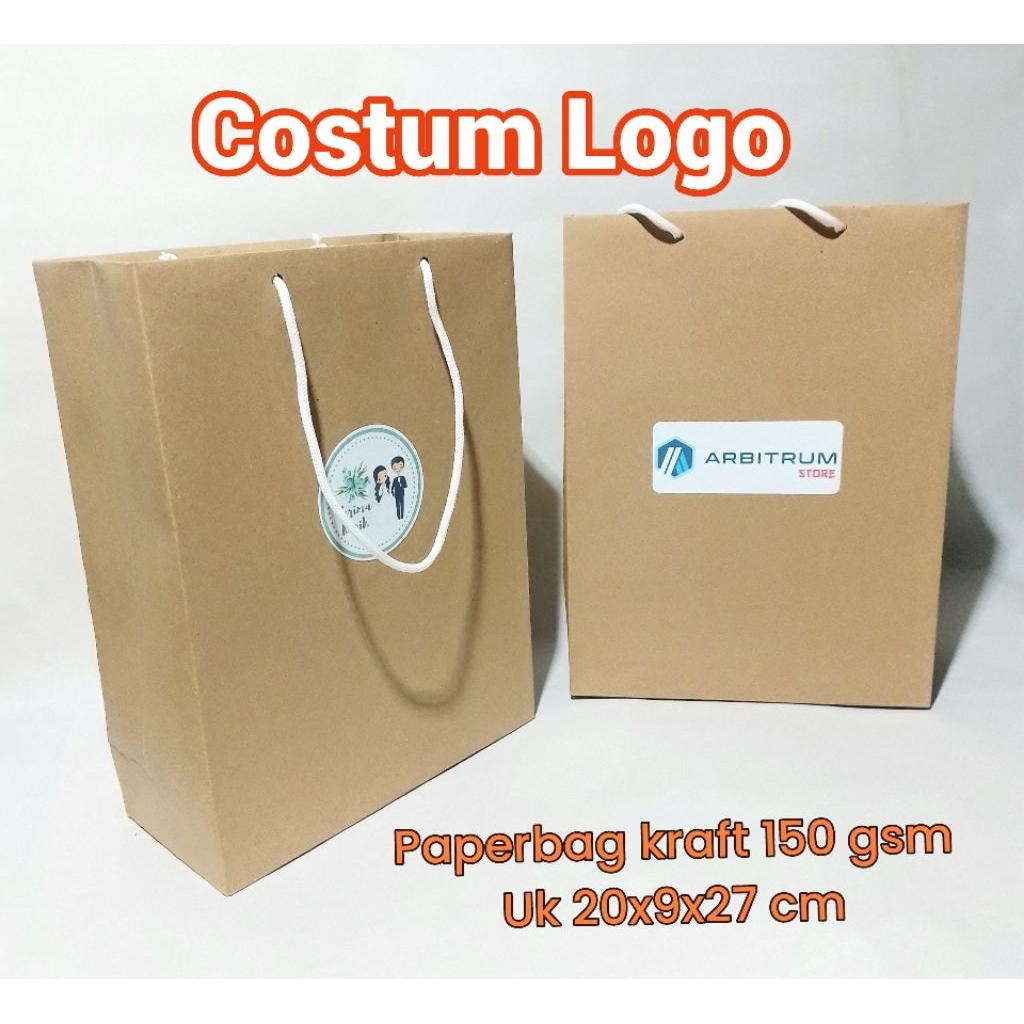 

Paperbag kraft tebal 150 gsm Costum Logo kertas stiker Ukuran 20x9x27 cm