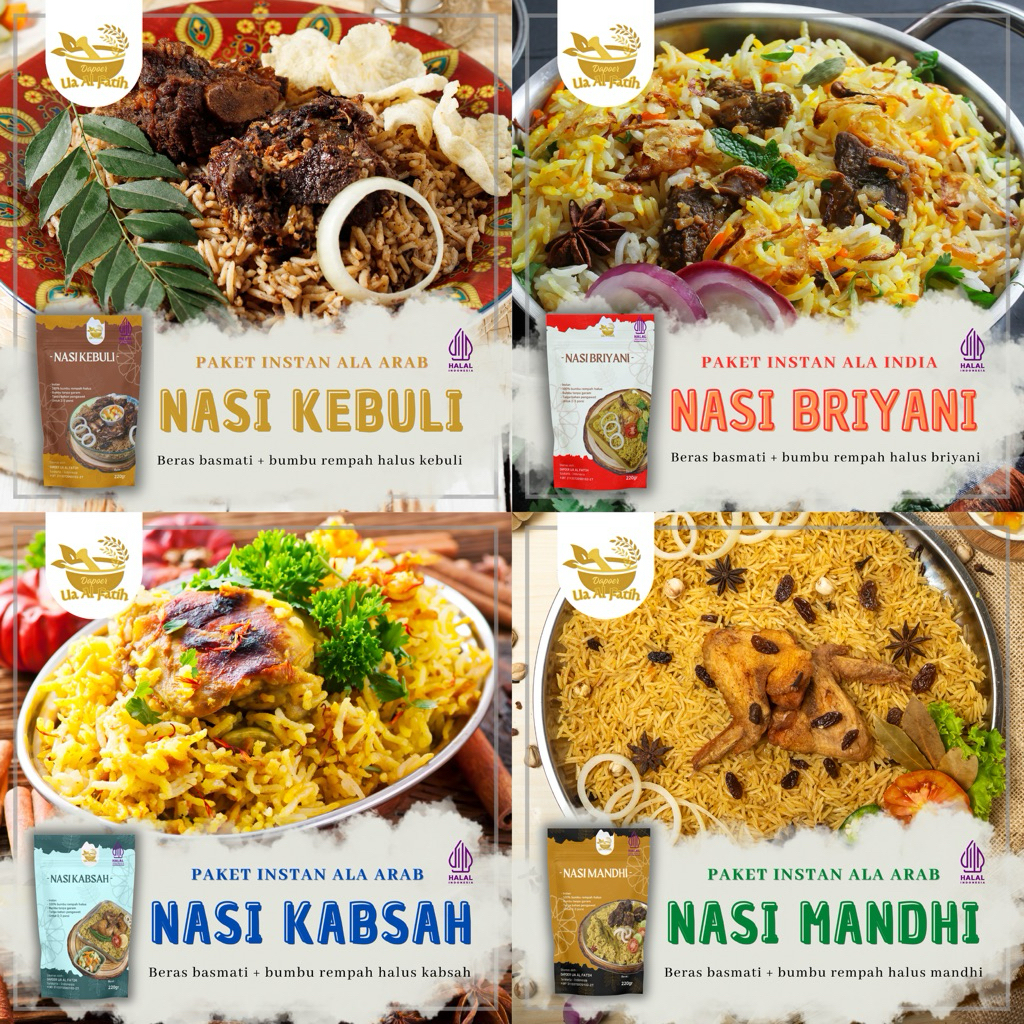 

Beras Basmati 200gr Bumbu rempah halus instan 8gr nasi kebuli nasi biryani nasi mandhi briyani kebuli mandhi kabsyah india timur tengah nasi kebuli instan praktis sehat untuk 2-3 porsi bumbu rempah halus merek dapoer ua al fatih makanan nasi instan