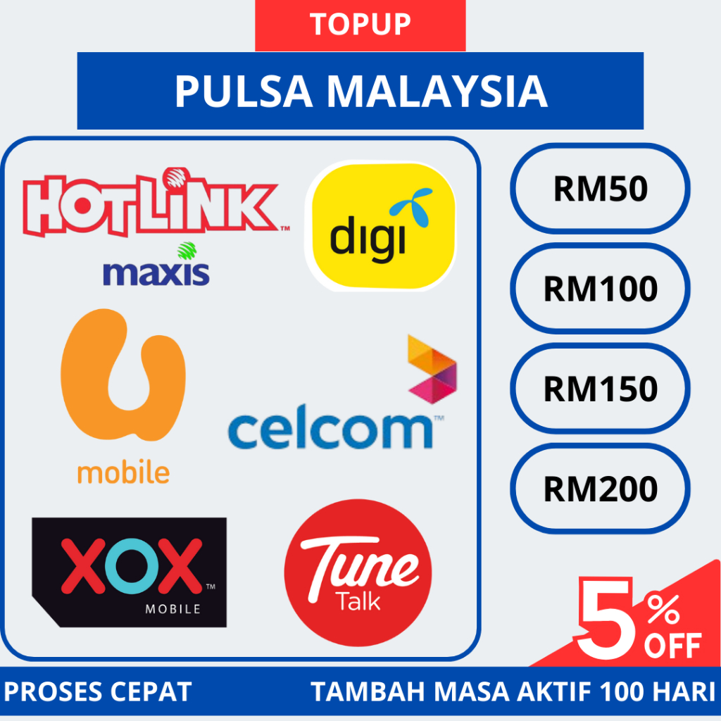 Topup Pulsa Malaysia RM50 | RM100 | RM150 | RM200 Maxis, Digi, Celcom, Umobile, TuneTalk, XoX