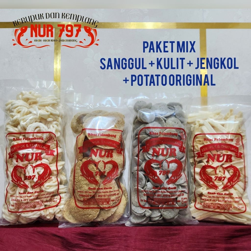 

PAKET MIX 1000 gram SANGGUL KULIT JENGKOL POTATO ORI ikan tenggiri kerupuk dan kemplang NUR 797 khas palembang asli