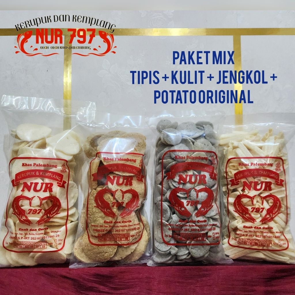 

PAKET MIX 1000 gram TIPIS KULIT JENGKOL POTATO ORI ikan tenggiri kerupuk dan kemplang NUR 797 khas palembang asli