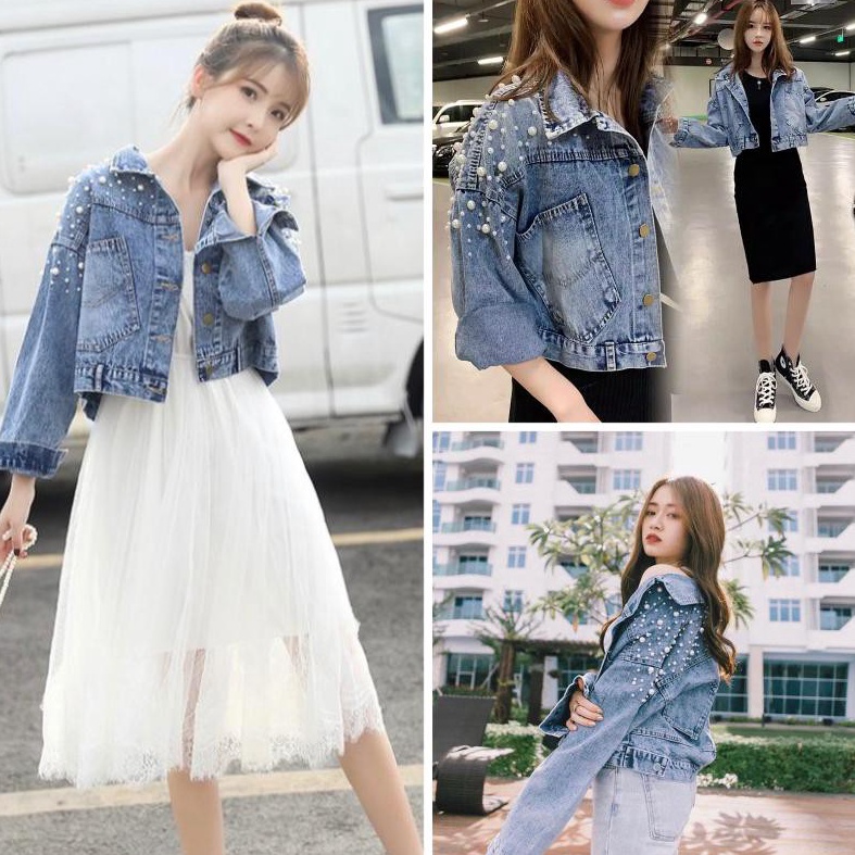 KODE Q49B  COD  JAKET JEANS CROP KOMBINASI MUTIARA TEMBAK OVERSIZE CROPJAKET JEANS WANITA  JAKET WAN