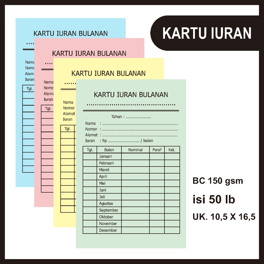 

[ PROMO ] Kartu Iuran Bulanan BC 150 gsm Isi 50 lb