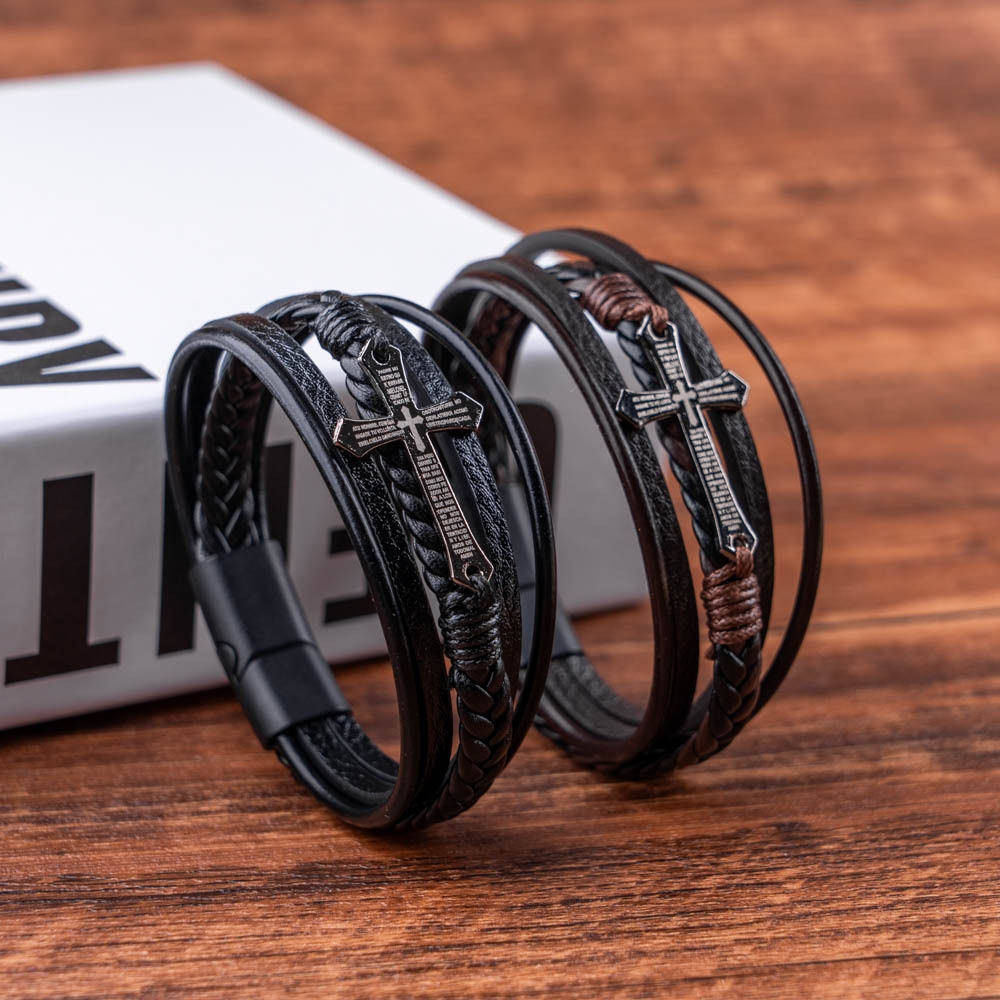 Gelang Kulit Salib untuk Pria Anyaman Tali Multilayer dengan Pengait Magnet Gelang Titanium Kesehata