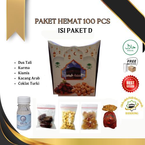 

Oleh Oleh Haji/Umroh 100 pcs Paket D Dus Tali, Botol+Air zam zam, Kurma, Kacang Arab, Kismis, Cotur