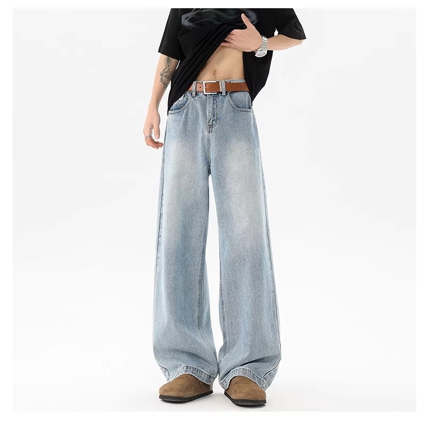 X-Gent celana gombrong jeans biru muda pria kulot jumbo baggy denim selvedge loose pants