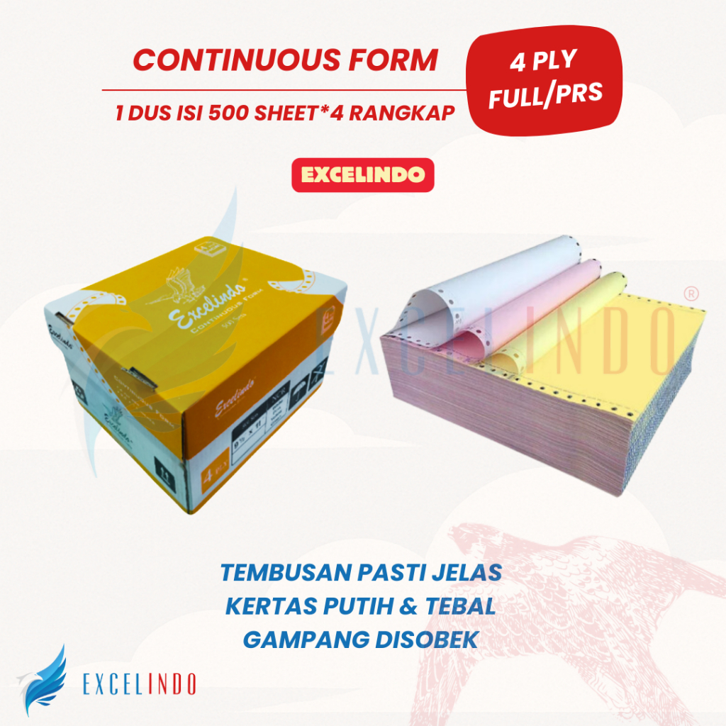 

Excelindo Kertas Continuous Form 4 ply NCR 9 1/2x11 Ukuran FULL/PERFORASI