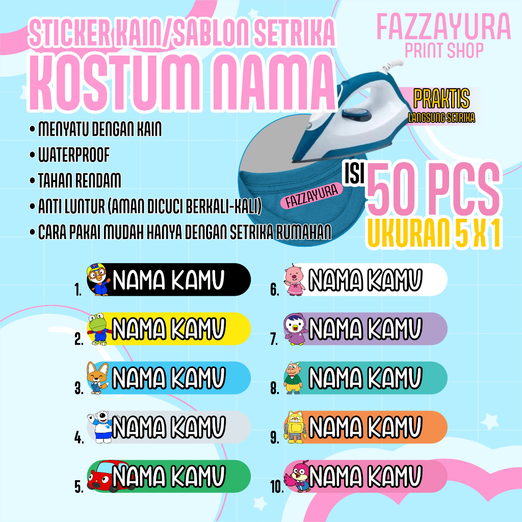

TERMURAH ISI 50 PCS | STICKER KAIN/SABLON SETRIKA/SABLON KOSTUM NAMA | TEMA PORORO