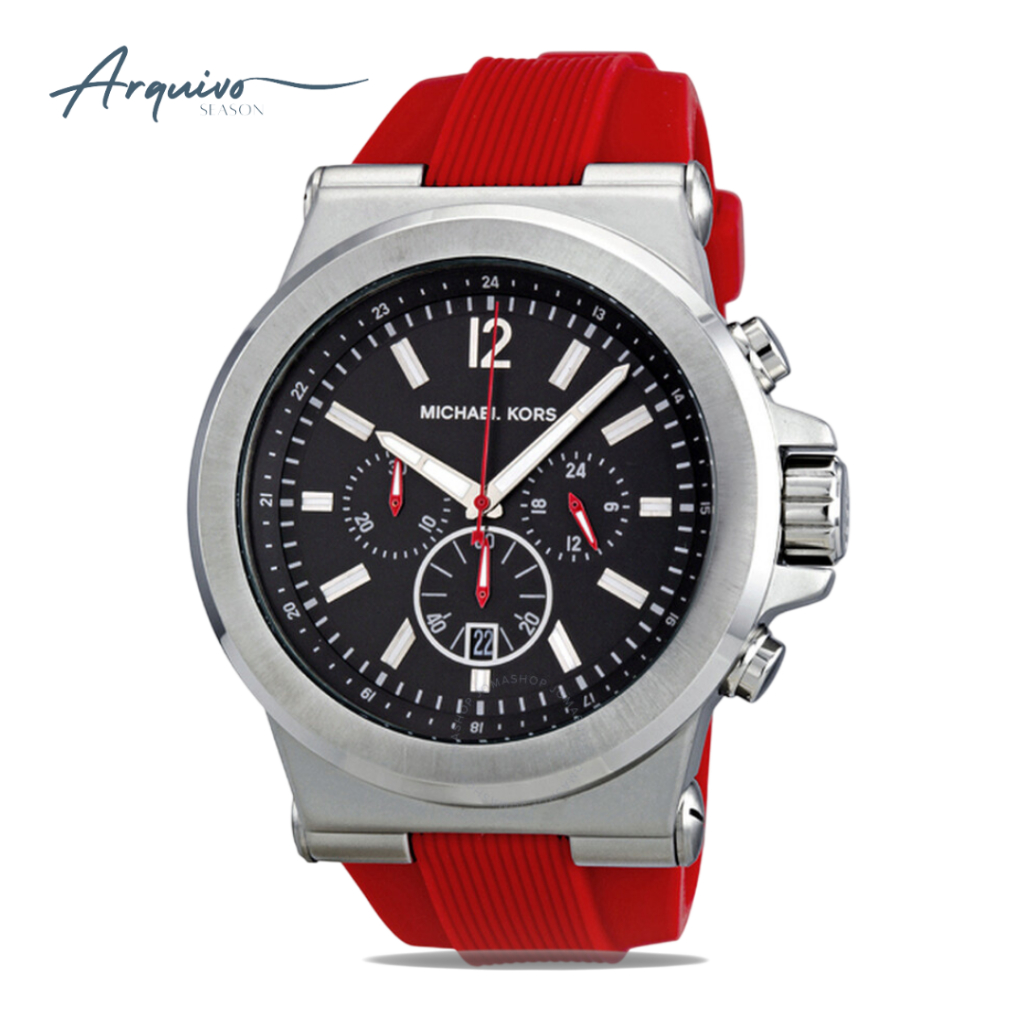 Jam Tangan Michael Kors Pria Dylan Chronograph Men Black Dial Red Rubber Strap Mewah Casual Sporty O