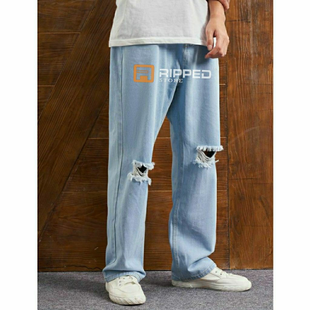 Celana Sobek Pria Ripped Jeans Longgar Reguler Standar Basic Loose Fit Denim Premium Size 27-38