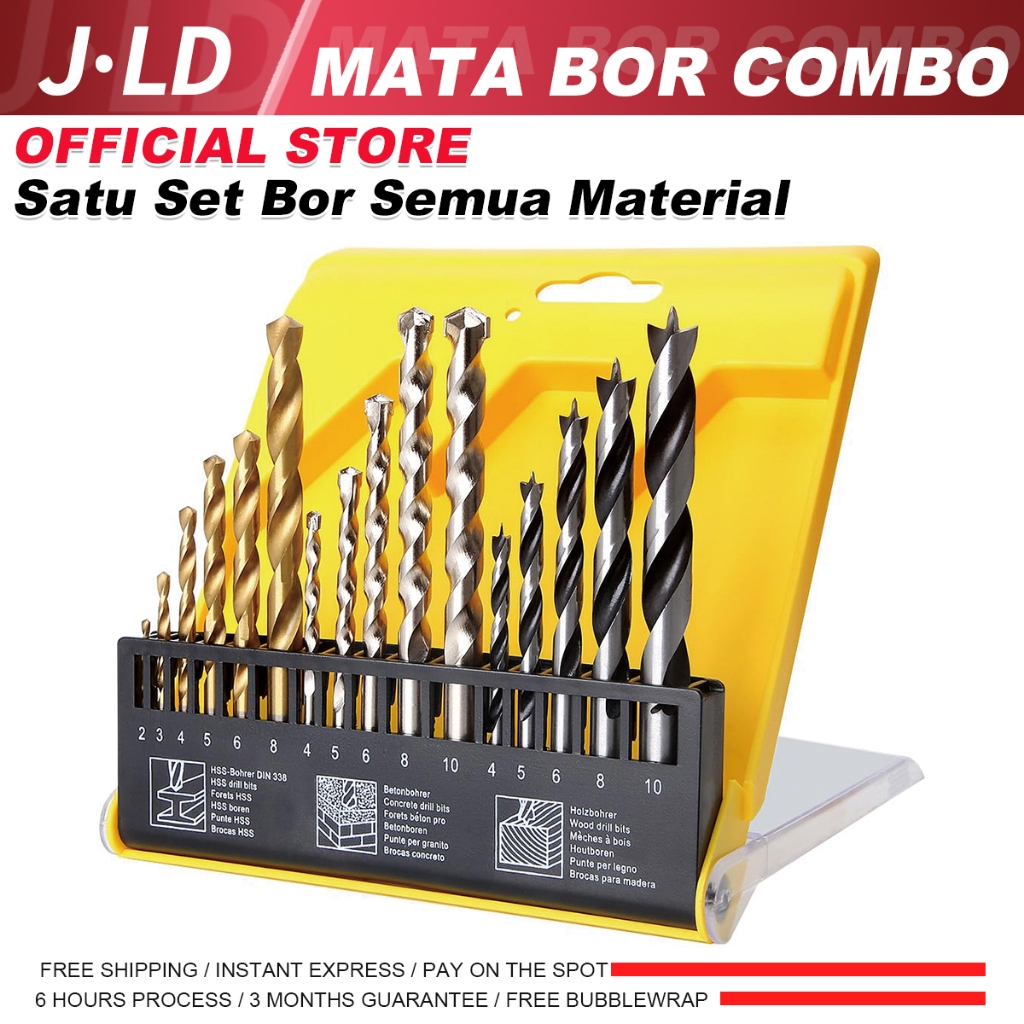 JLD Mata Bor Kombinasi 16Pcs Multi-Purpose Drill Bit Set Mata Bor (Kayu/Besi/Tembok/Beton/HSS) Mata 