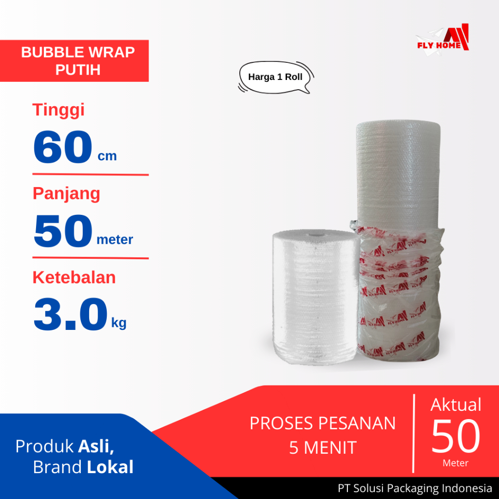 

FLYHOME Bubble wrap 3kg potongan 60cm putih 1 roll besar 60x50meter